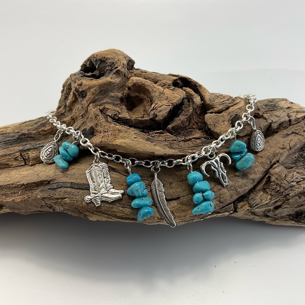 Western Multi Charm Necklace with Turquoise Howlite and Silver Plate, Cowgirl - Picture 7 of 7